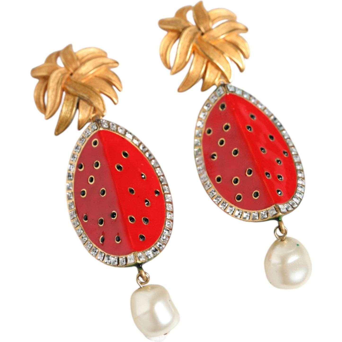 Dolce & Gabbana Red Watermelon Gold Brass Crystal Clip Dangling Earrings Earrings Dolce & Gabbana