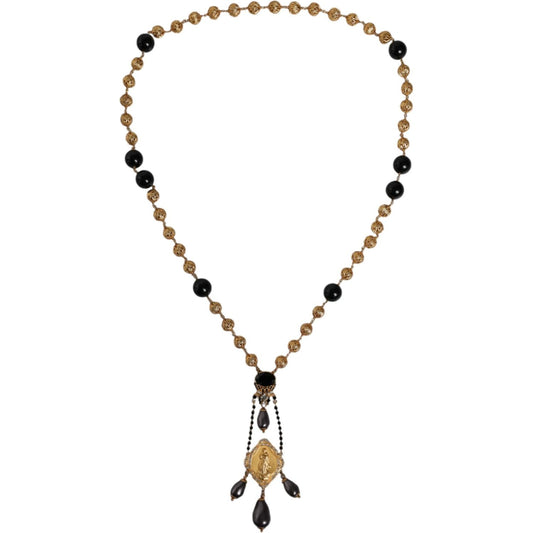 Dolce & Gabbana Gold Chain Brass Black Beaded Rosary Style Necklace Necklace Dolce & Gabbana