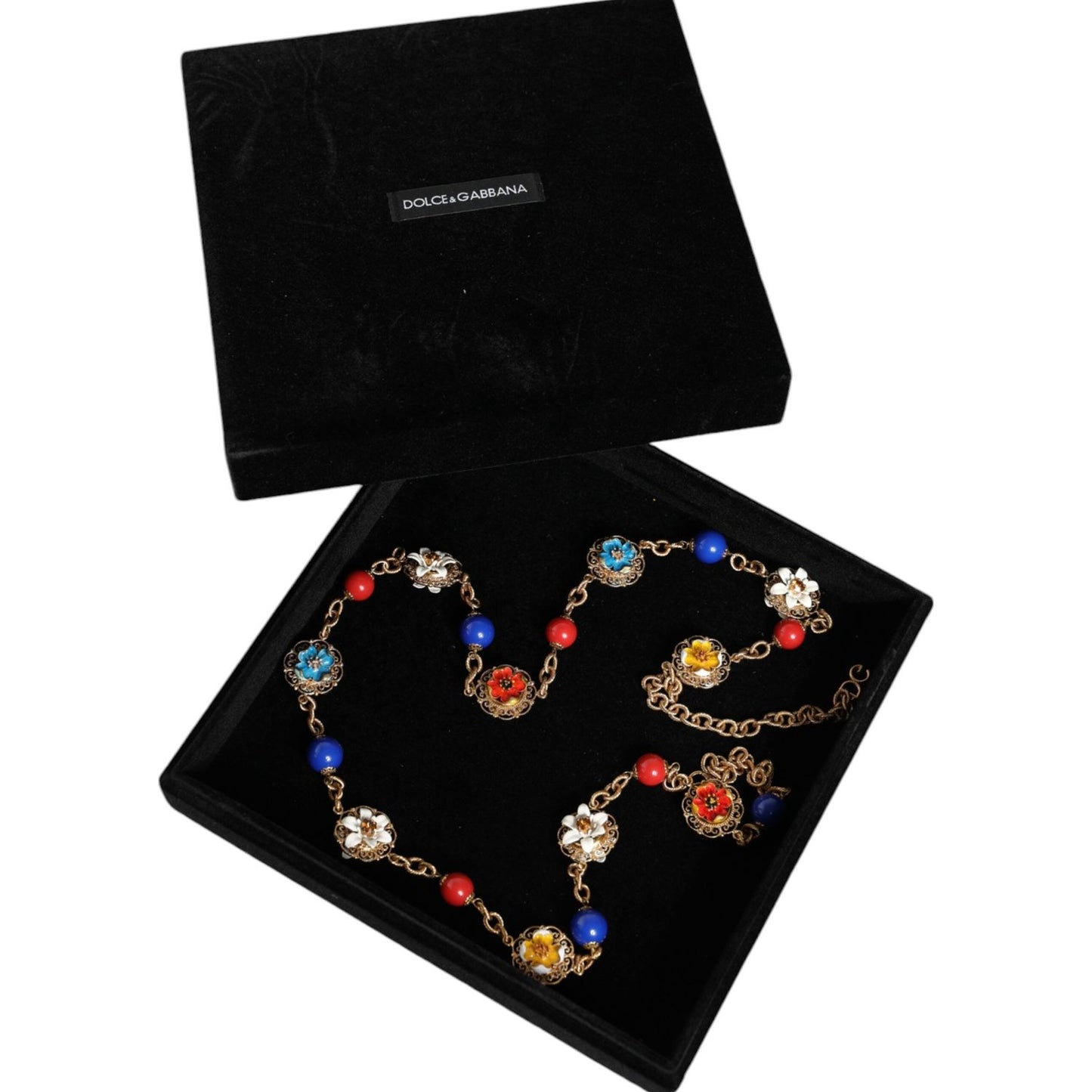 Dolce & Gabbana Gold Tone Brass Chain Floral Crystal Beaded Necklace Dolce & Gabbana