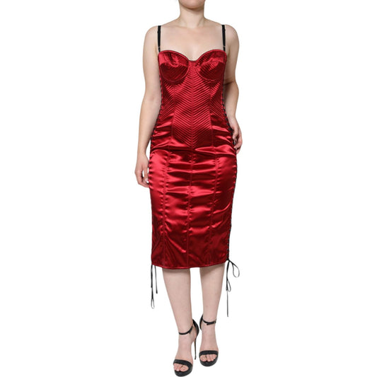 Dolce & Gabbana Red Bustier Corset Lace Bodycon Midi Dress Dolce & Gabbana