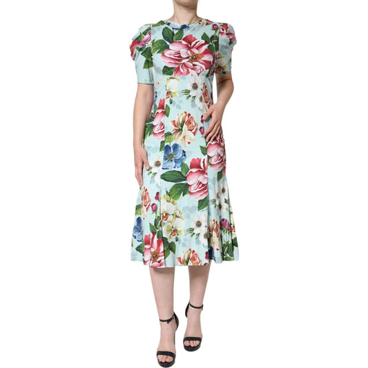 Dolce & Gabbana Green Floral Short Sleeves Round Neck Dress Dolce & Gabbana