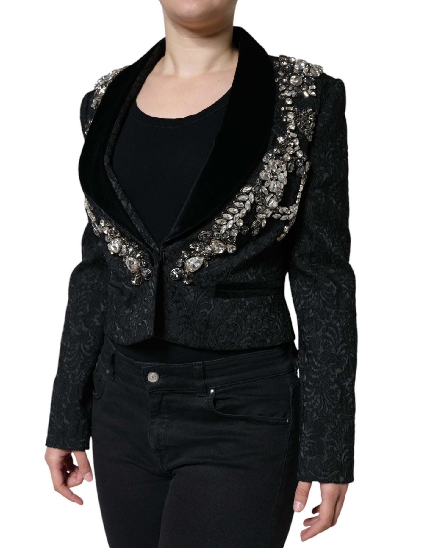 Dolce & Gabbana Black Jacquard Crystal Floral Jacket Blazer Dolce & Gabbana