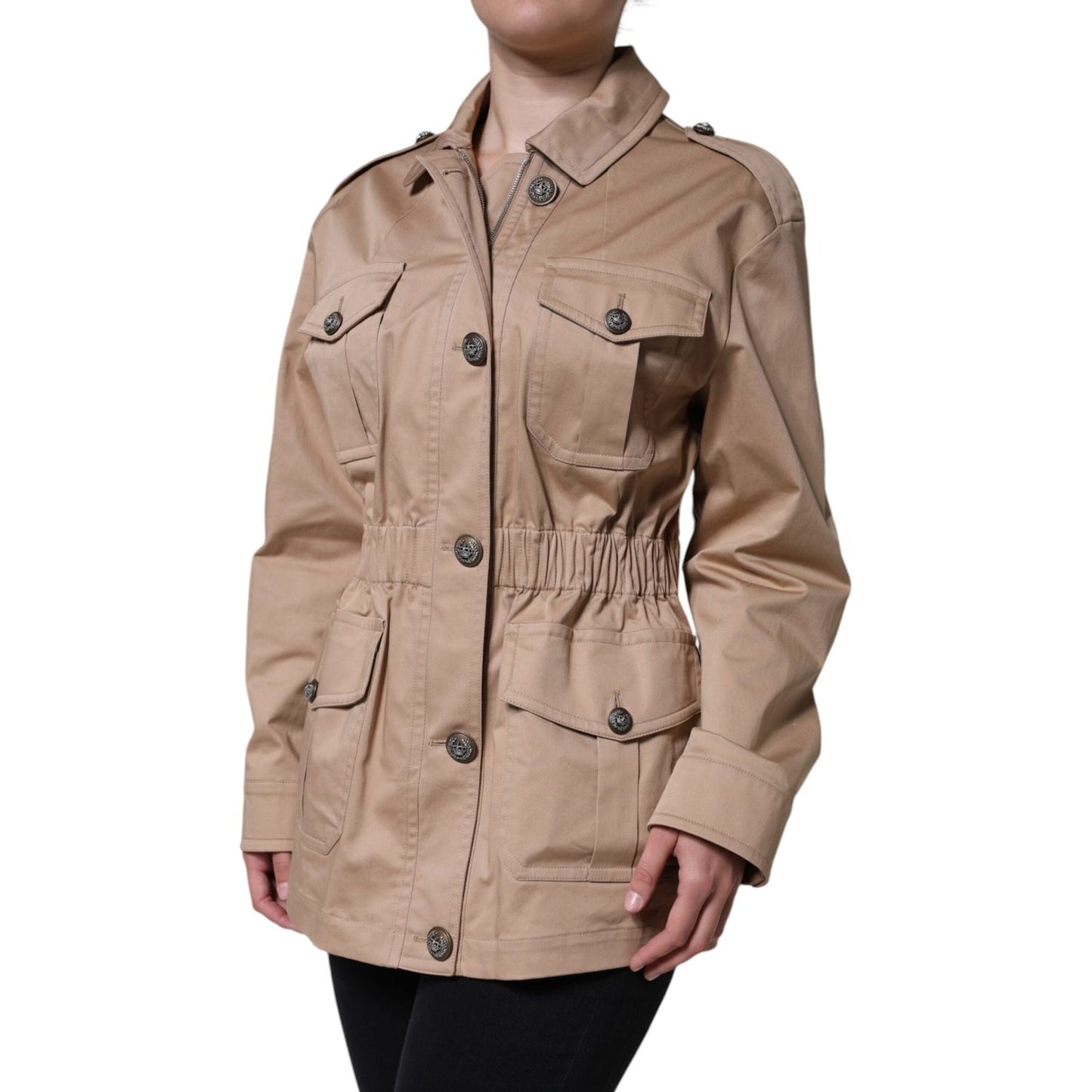 Dolce & Gabbana Beige Cotton Long Sleeve Collared Coat Jacket Dolce & Gabbana