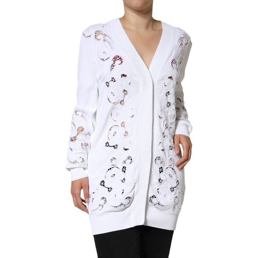 Dolce & Gabbana White Viscose Floral Cut Out Cardigan Sweater Dolce & Gabbana