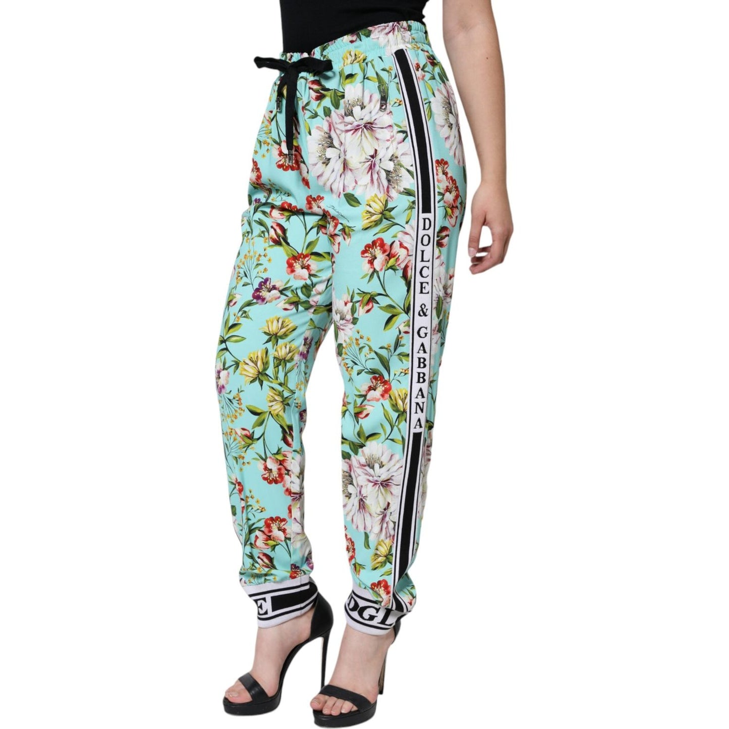 Dolce & Gabbana Green Floral Mid Waist Jogger Women Pants Dolce & Gabbana