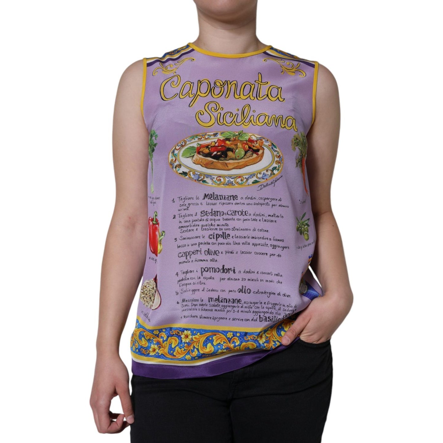 Dolce & Gabbana Purple Silk Caponata Siciliana Print Tank Top Dolce & Gabbana