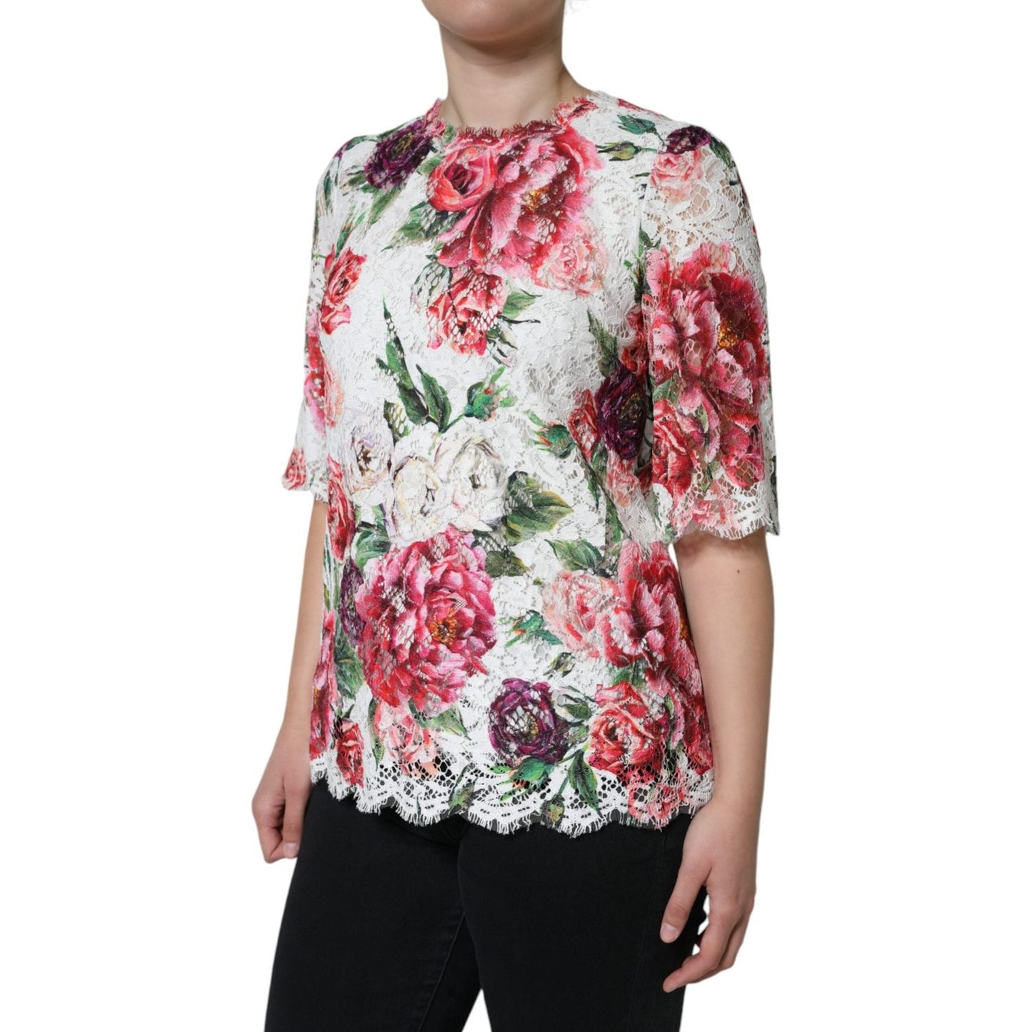 Dolce & Gabbana White Peony Lace Short Sleeves Blouse Top Dolce & Gabbana