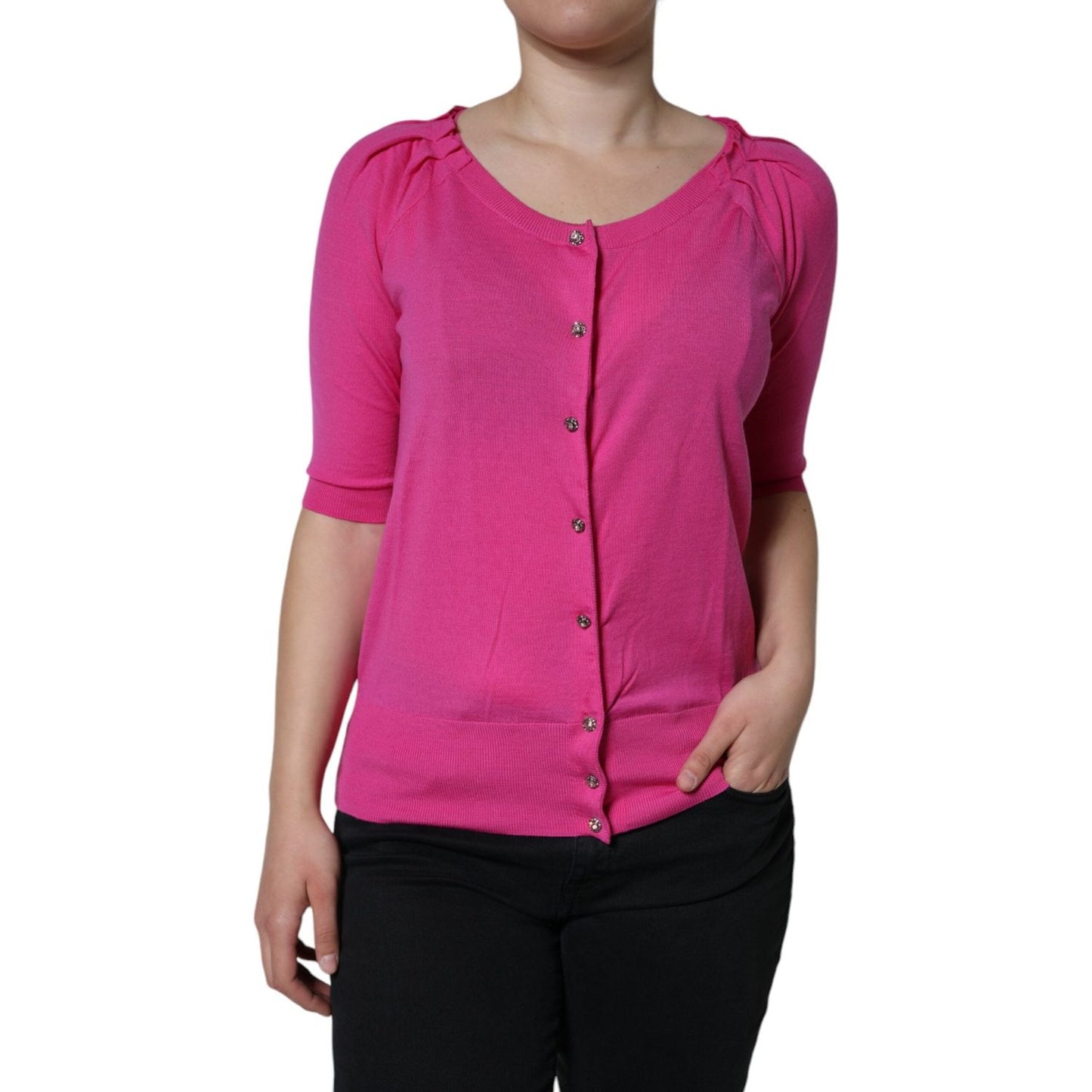 Dolce & Gabbana Pink Wool Button Down Short Sleeve Blouse Top Dolce & Gabbana