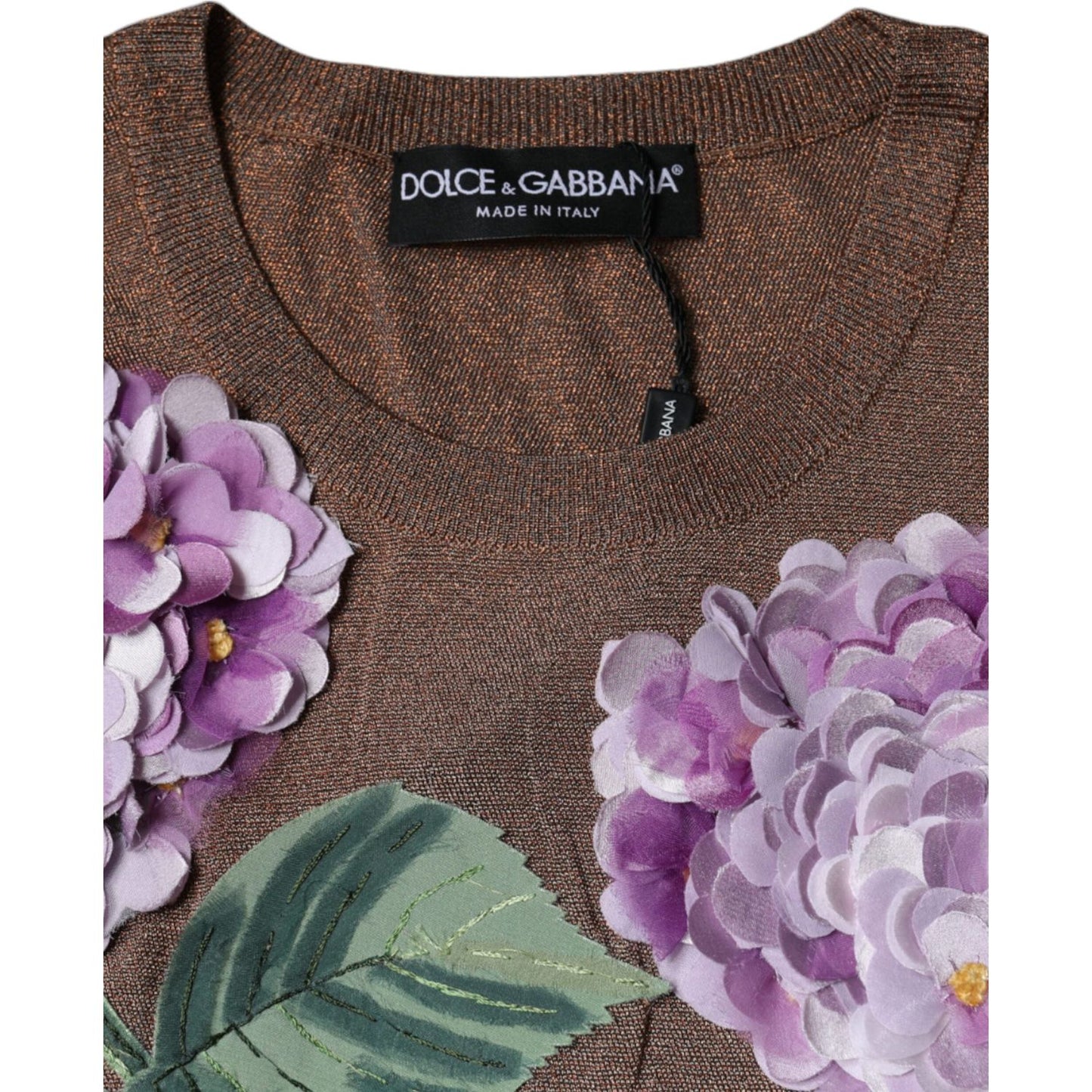 Dolce & Gabbana Brown Floral Applique Viscose Short Sleeve Top Dolce & Gabbana