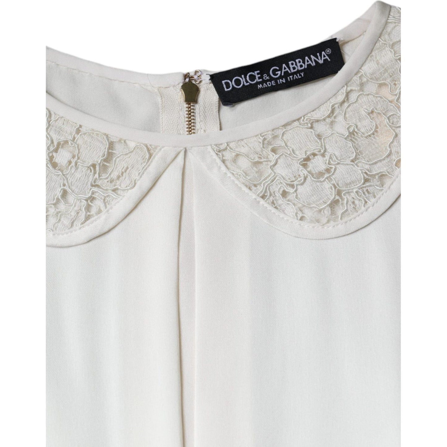 Dolce & Gabbana Off White Silk Lace Trimmed 3/4 Sleeves Blouse Top Dolce & Gabbana