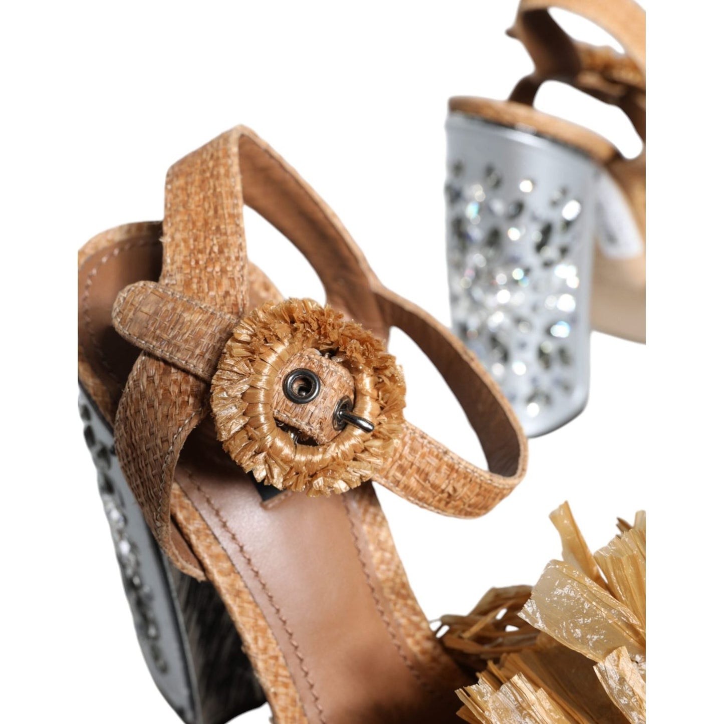 Dolce & Gabbana Brown Raffia Ankle Strap Crystal Sandals Shoes Dolce & Gabbana