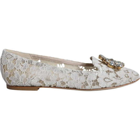 Dolce & Gabbana White Lace Crystal Ballet Flats Loafers Shoes Dolce & Gabbana