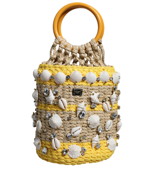 Dolce & Gabbana Beige Yellow Rafia Seashells Crystal Bucket Bag Dolce & Gabbana