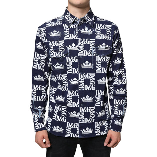 Dolce & Gabbana Blue Crown Logo Print Slim Fit Cotton Shirt Dolce & Gabbana