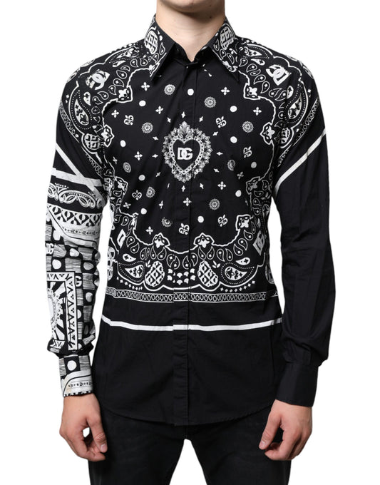 Dolce & Gabbana Black White Bandana Print Slim Cotton Shirt Dolce & Gabbana