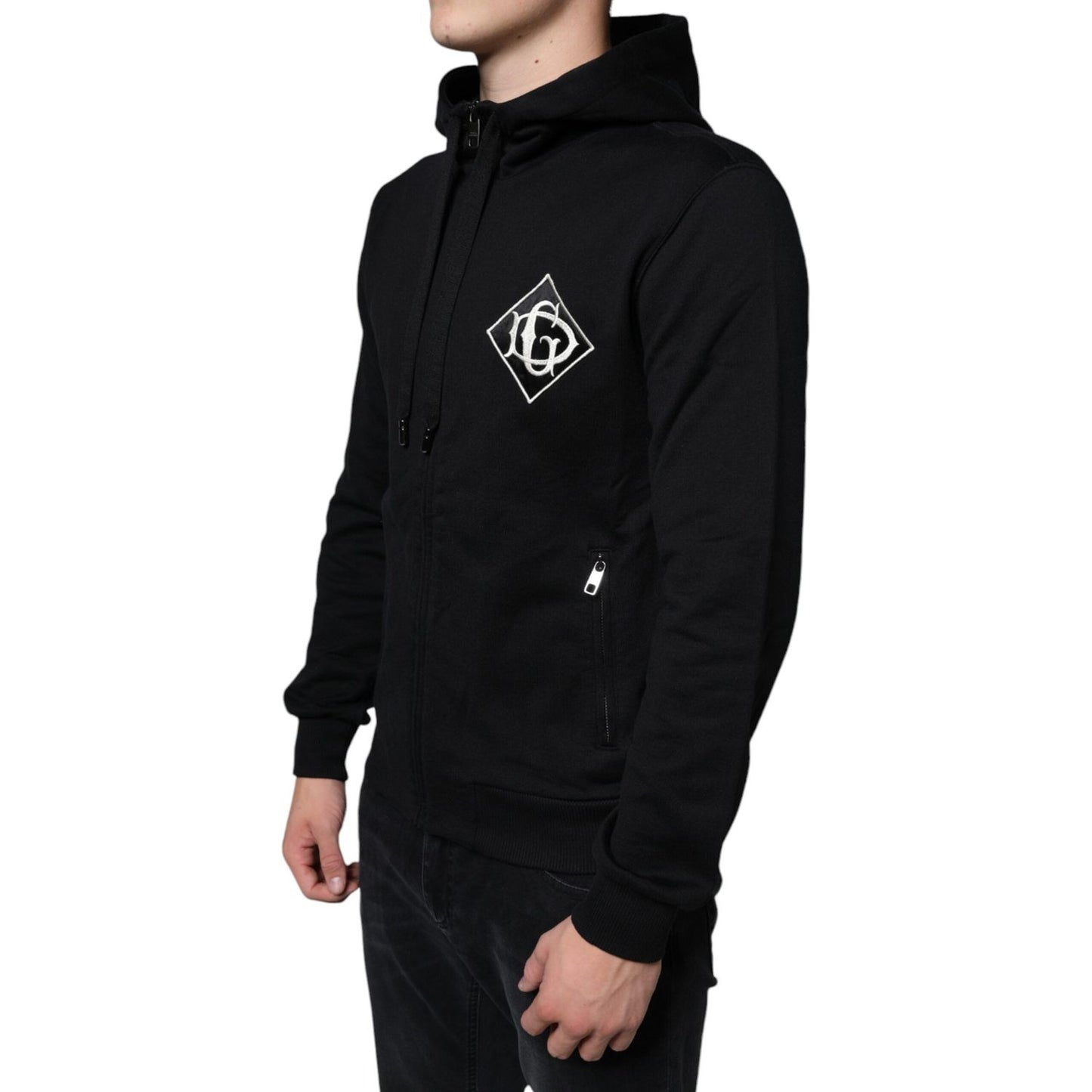 Dolce & Gabbana Black Cotton Hooded Logo Full Zip Sweater Dolce & Gabbana