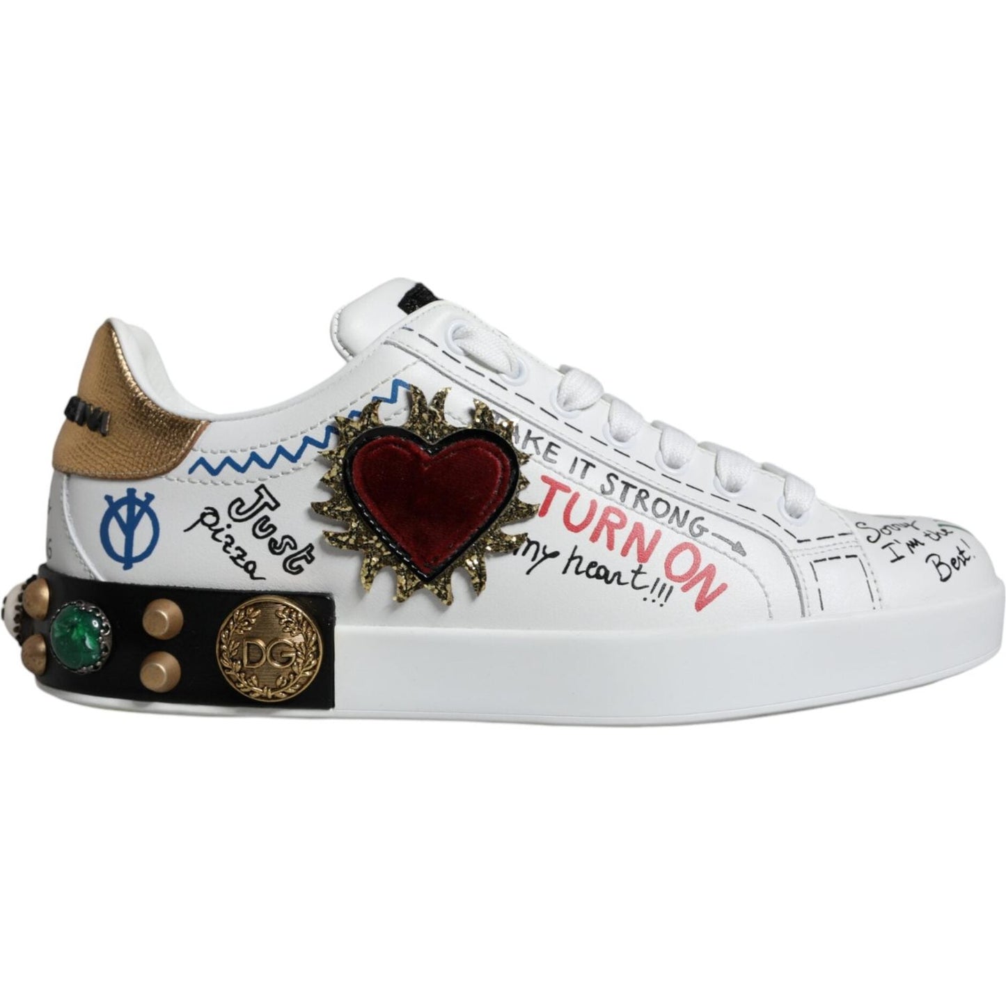 Dolce & Gabbana White Heart Studded Low Top Sneakers Shoes Dolce & Gabbana