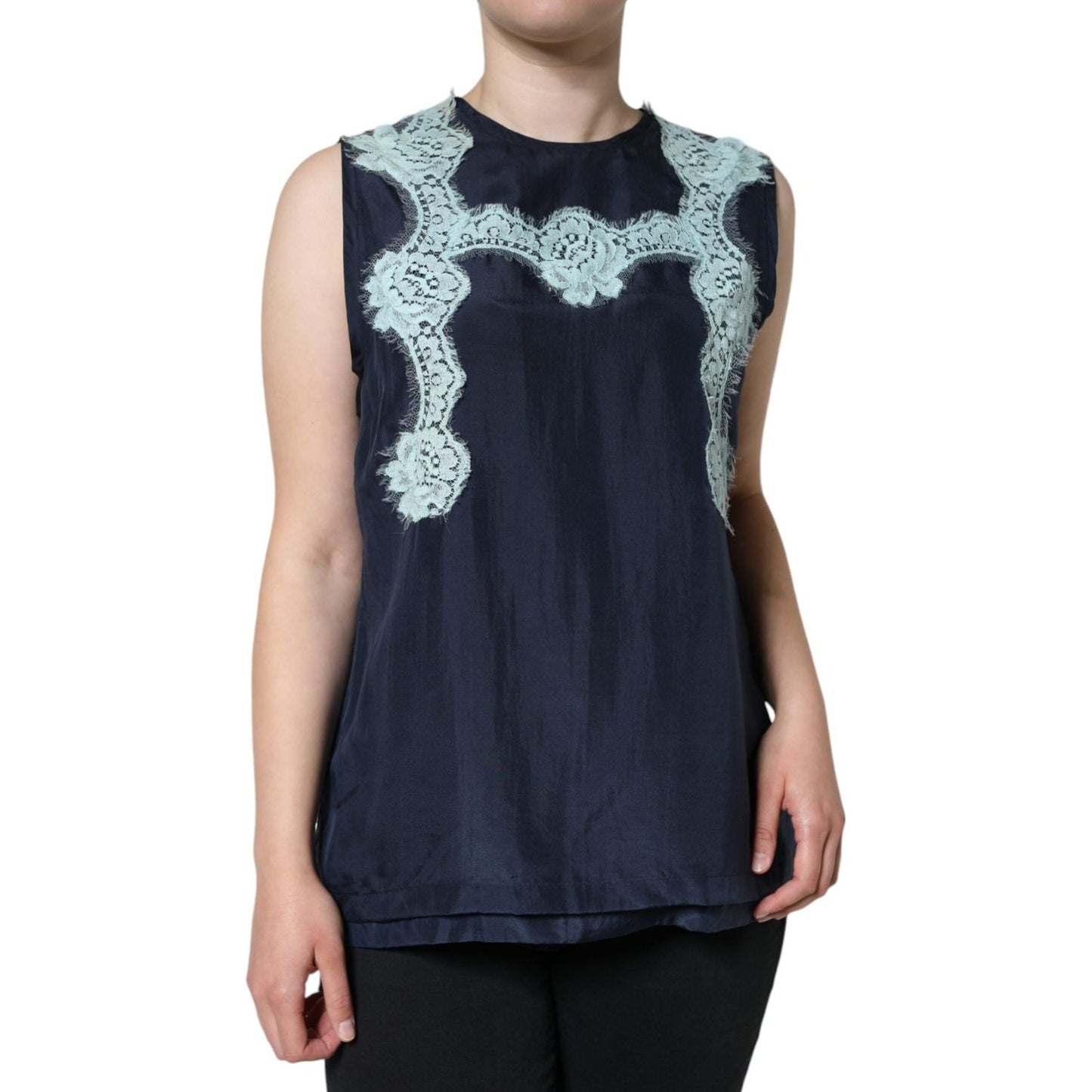 Dolce & Gabbana Blue Floral Lace Silk Sleeveless Tank Top Dolce & Gabbana