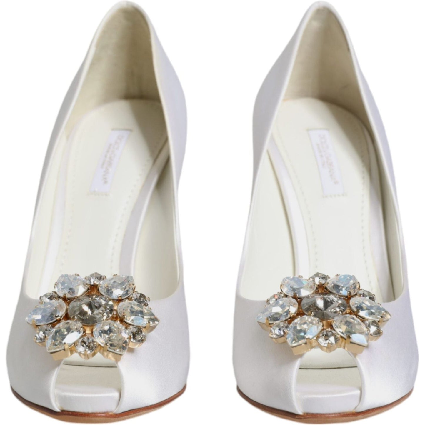 Dolce & Gabbana White Crystals Peep Toe Satin Pumps Shoes Dolce & Gabbana