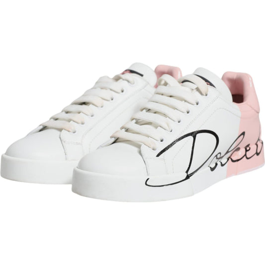 Dolce & Gabbana White Pink Portofino Low Top Sneakers Shoes Dolce & Gabbana