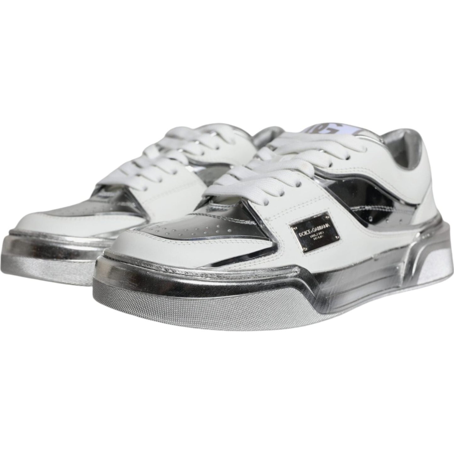 Dolce & Gabbana White Silver Leather Low Top Sneakers Shoes Dolce & Gabbana