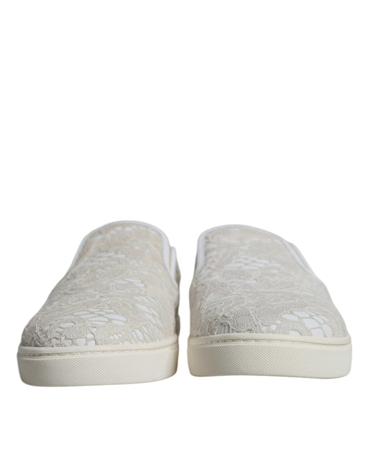 Dolce & Gabbana White Leather Lace Slip On Loafers Shoes Dolce & Gabbana