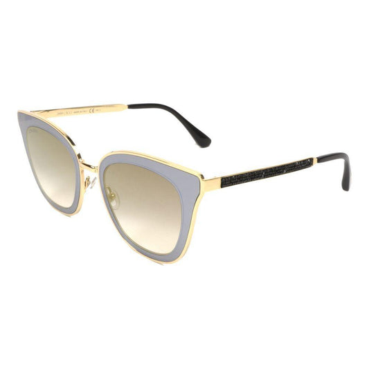 Jimmy Choo gold metal sunglasses with grey lenses and black temple accents, model LORYS492M2FQ, UV filter 2 protection.