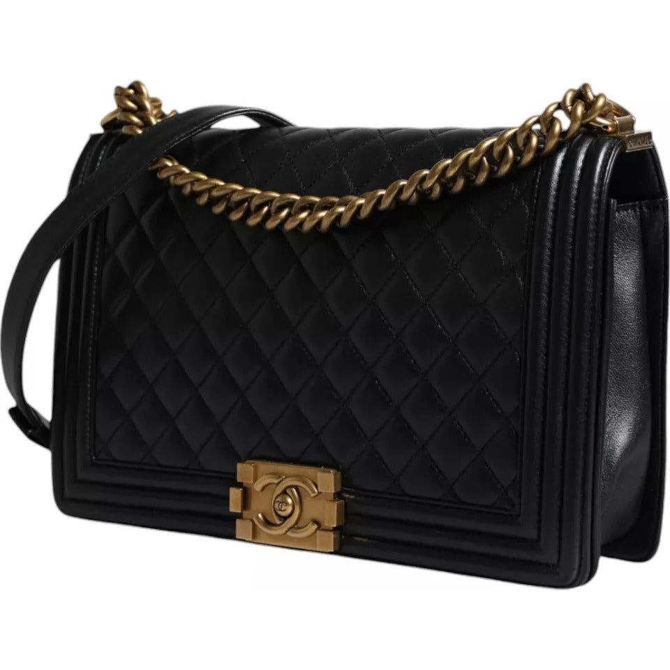 Chanel Black Large Lambskin Double Chain Gold Leather Shoulder Bag Chanel