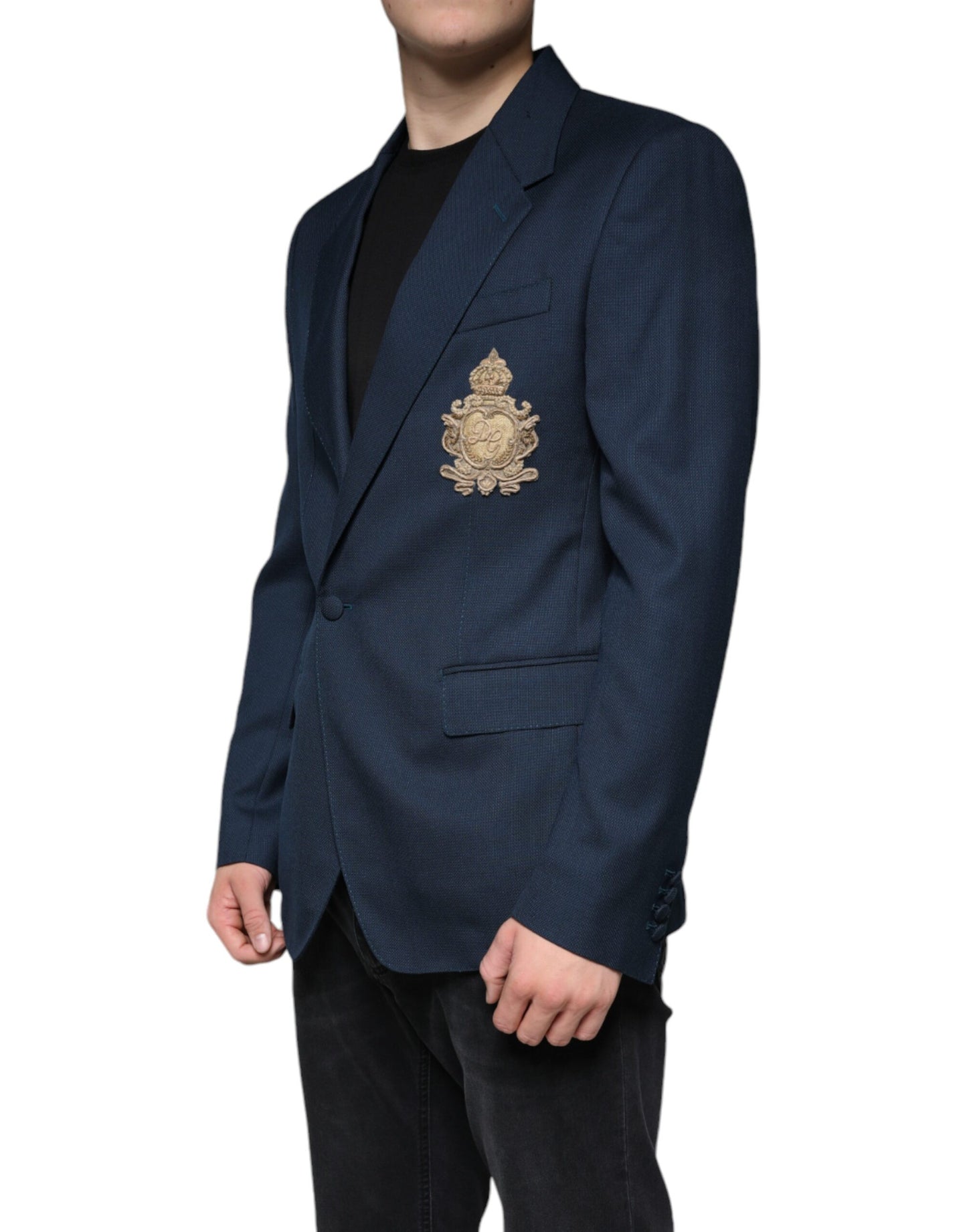 Dolce & Gabbana Blue Wool Logo Single Breasted Coat Blazer Dolce & Gabbana