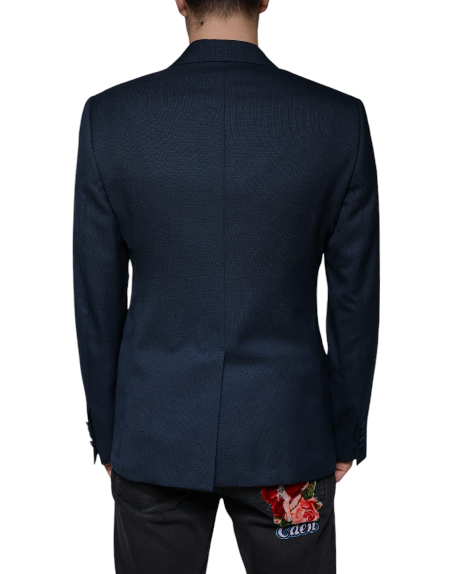 Dolce & Gabbana Blue Wool Logo Single Breasted Coat Blazer Dolce & Gabbana