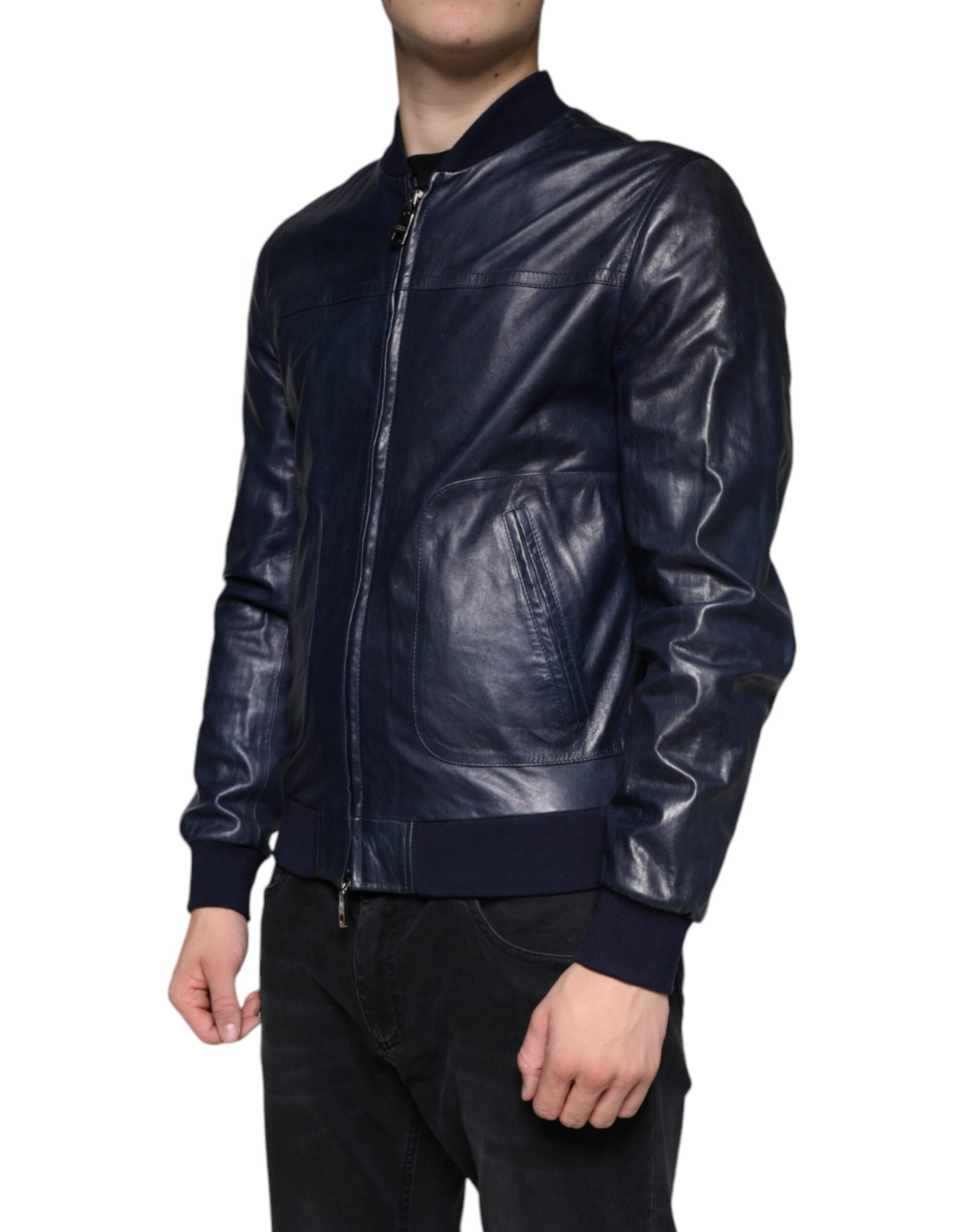 Dolce & Gabbana Blue Lambskin Leather Full Zip Biker Jacket Dolce & Gabbana