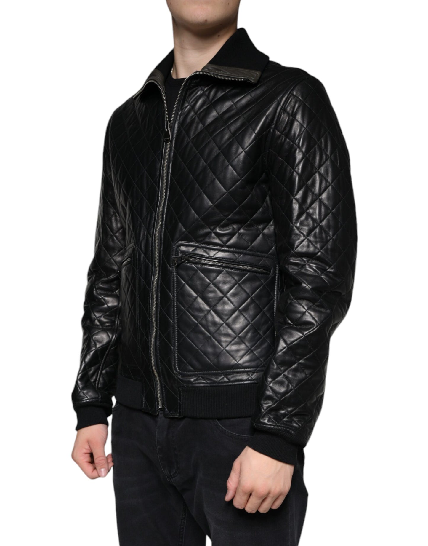 Dolce & Gabbana Black Calf Leather Quilted Full Zip Jacket Dolce & Gabbana