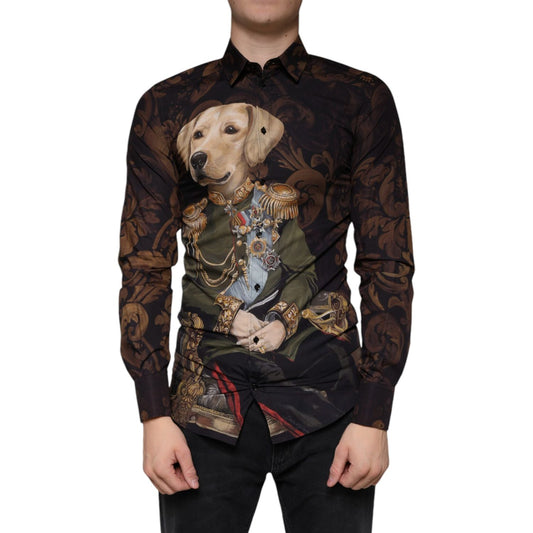 Dolce & Gabbana Multicolor Dog Cotton Men Dress GOLD Shirt