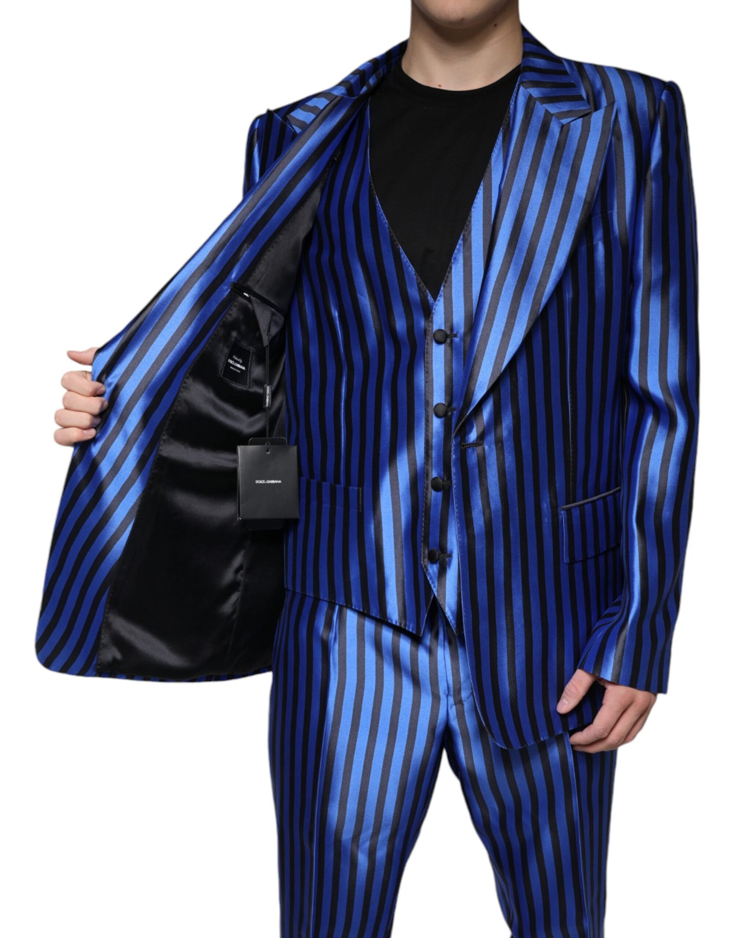 Dolce & Gabbana Metallic Blue Stripes Formal 3 Piece Suit Dolce & Gabbana