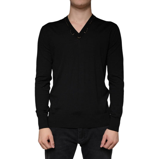 Dolce & Gabbana Black Embellished V-neck Pullover Sweater Dolce & Gabbana