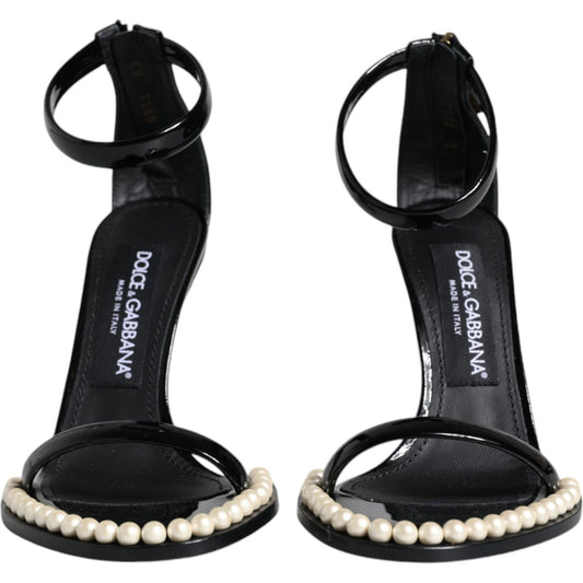 Dolce & Gabbana Black Keira Leather Faux Pearl Sandals Heels Shoes