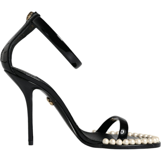 Dolce & Gabbana Black Keira Leather Faux Pearl Sandals Heels Shoes