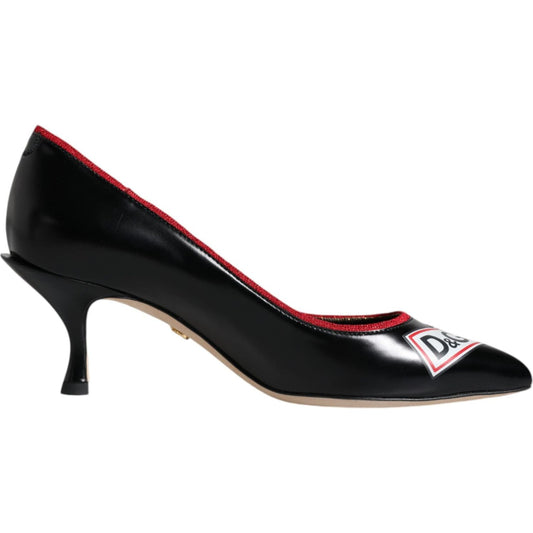 Dolce & Gabbana Black Leather Logo Print Heels Pumps Shoes Dolce & Gabbana