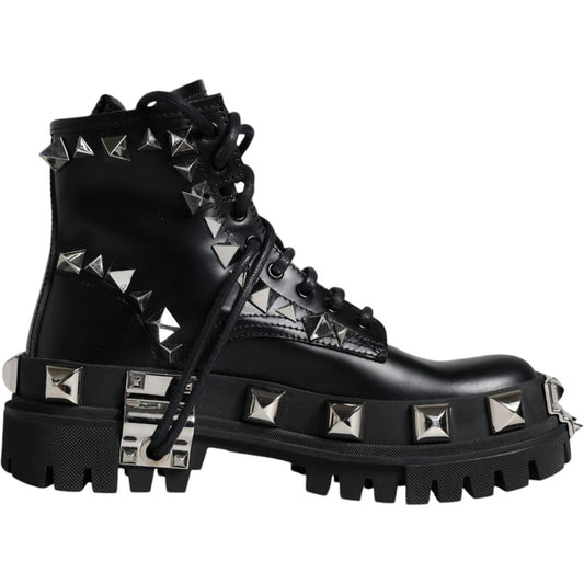 Dolce & Gabbana Black Leather Studded Trekking Boots Shoes