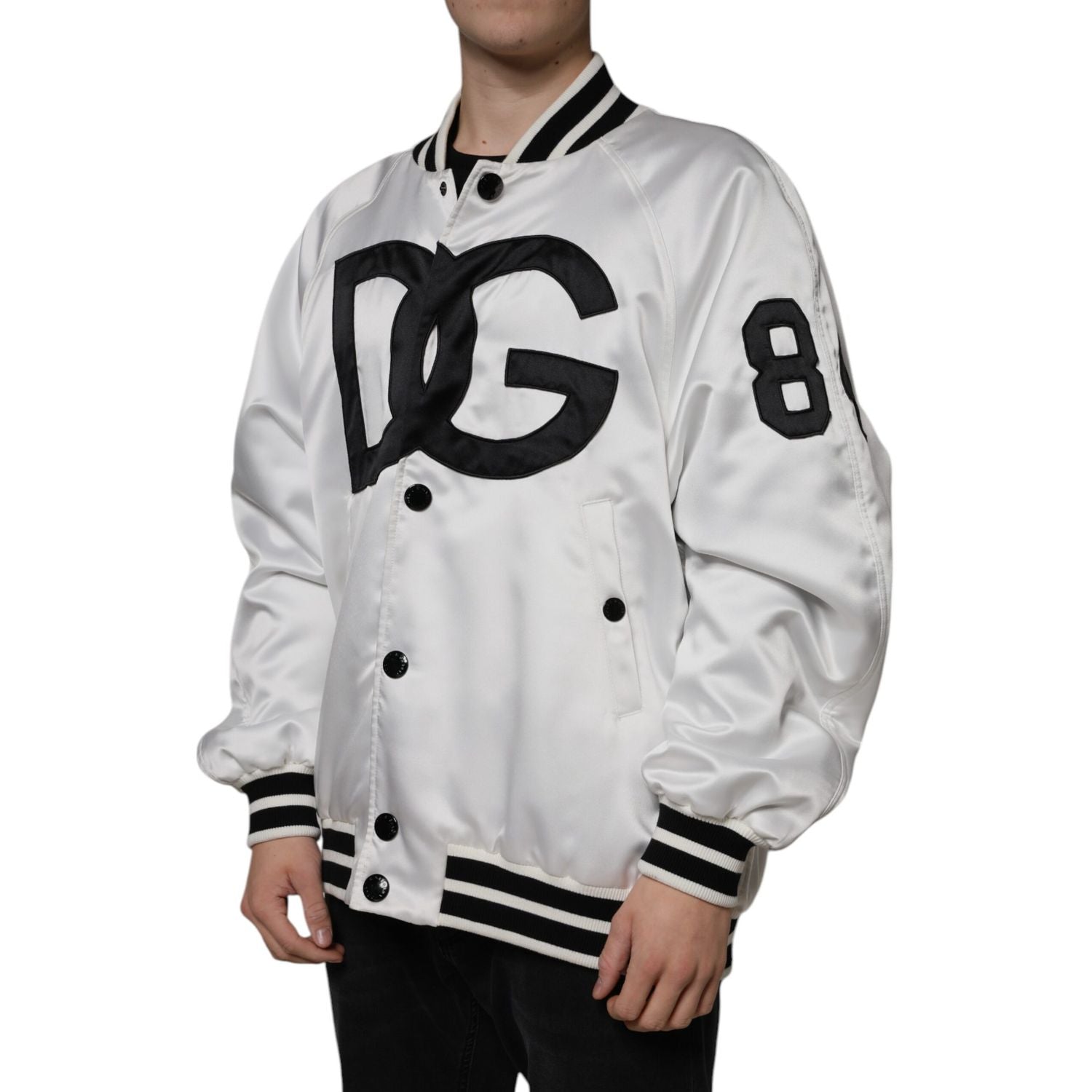 Dolce & Gabbana White Polyester Logo Full Zip Bomber Jacket