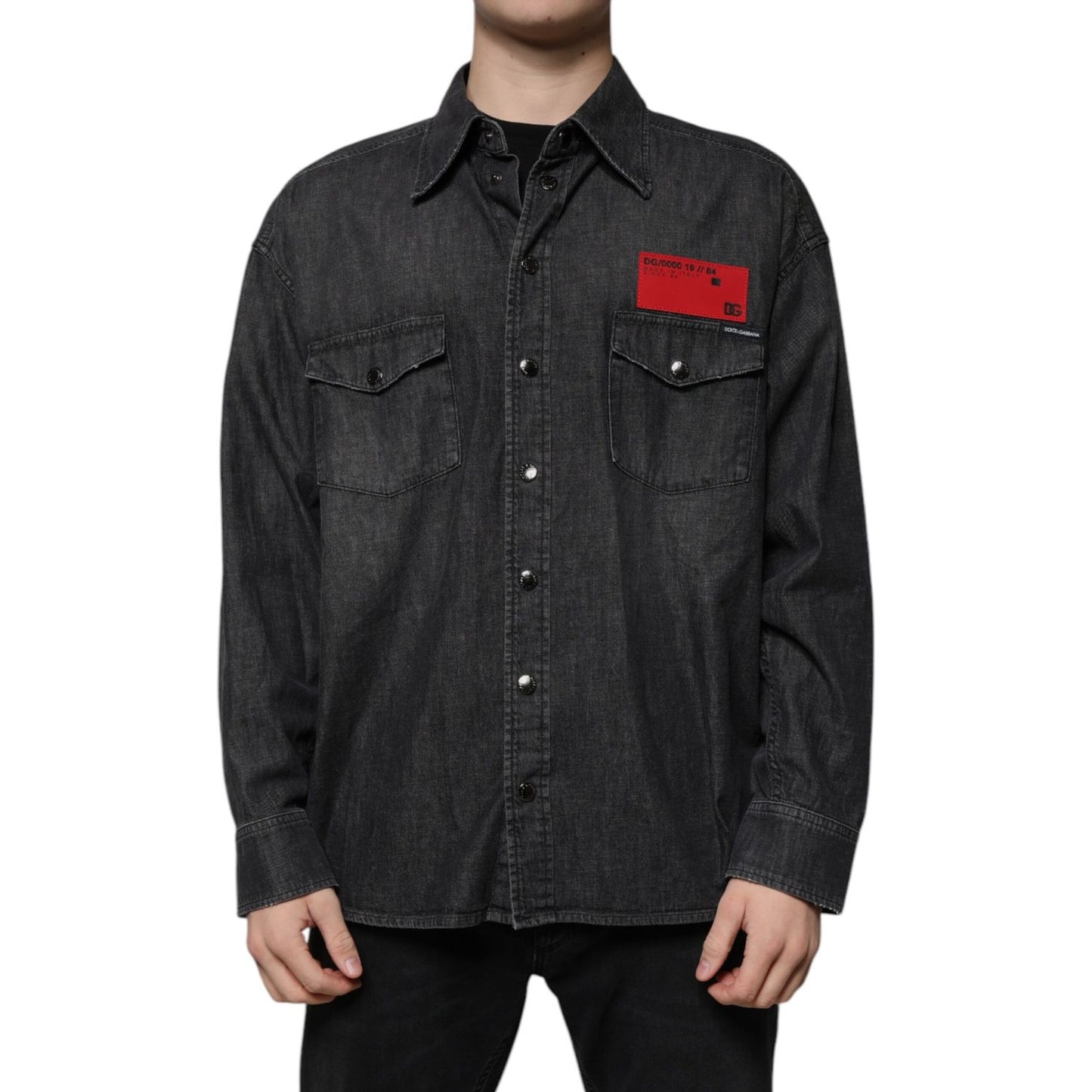 Dolce & Gabbana Black Logo Cotton Button Down Denim Shirt