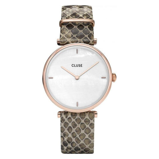 Cluse beige leather watch with quartz mechanism, analog display, pink stainless steel case, and 33mm white dial.