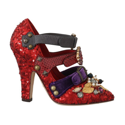 Dolce & Gabbana Red Sequined Crystal Studs Heels Shoes