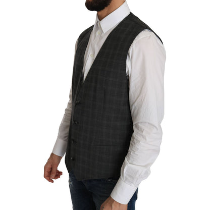 Dolce & Gabbana Gray Wool STAFF Checkered Stretch Vest