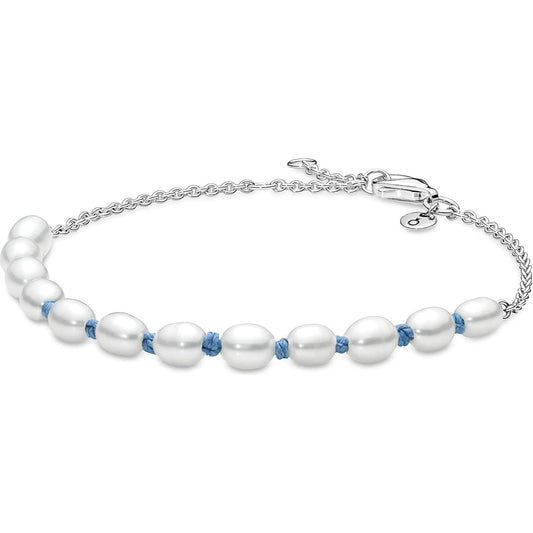 PANDORA JEWELS Mod. TREATED FRESHWATER CULTURED PEARL BLUE CORD - Size 16 Bracelet PANDORA