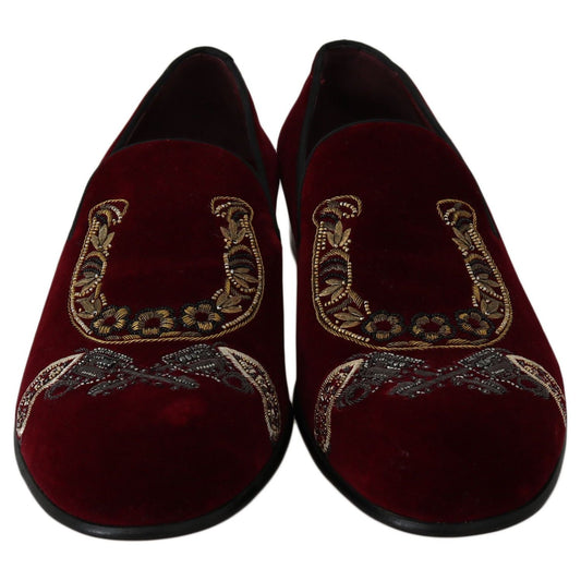 Dolce & Gabbana Bordeaux Velvet Sequined Men's Loafers Dolce & Gabbana