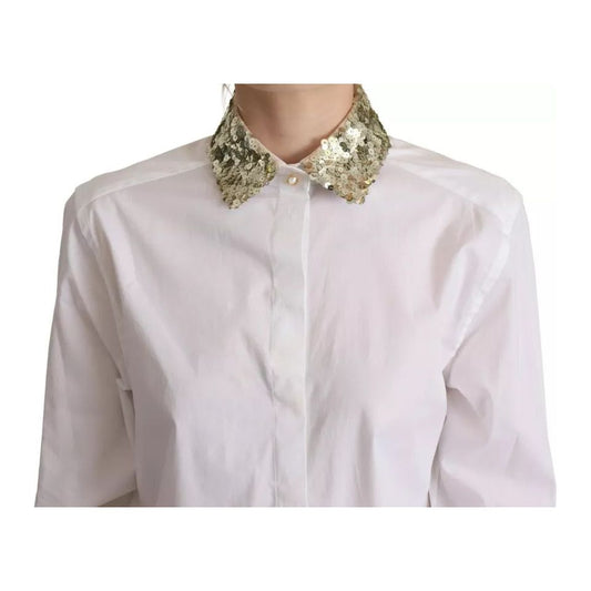 Dolce & Gabbana White Cotton Collared Long Sleeves Sequin Top Shirt 1728,67345645728,Clothing,Dolce & Gabbana,IT38 | XS,Material: 87% Cotton 10% Polyester 3% Elastane,Preowned / Defect,Shirts - Women - Clothing,White,Women,Women - Clothing Dolce & Gabbana