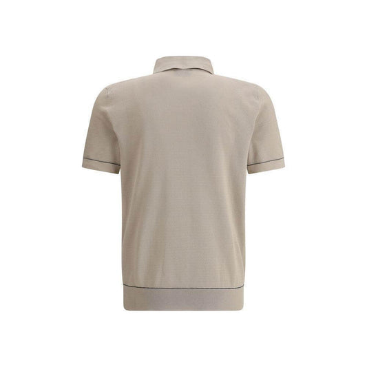 Back view of Brioni Polo Sweater in beige with ribbed collar and hem, featuring contrast stitching for a modern and sophisticated look.