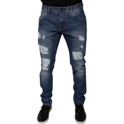 Dolce & Gabbana Blue Cotton Tattered Skinny Denim Jeans