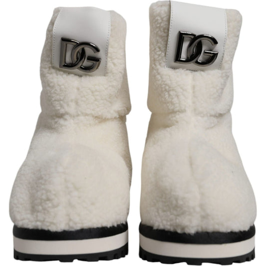 Dolce & Gabbana White Plush Logo Padded Mid Calf Boots Shoes